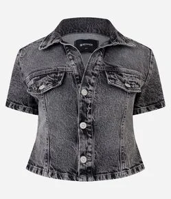 Blusa Acinturada em Jeans Estonado com Recortes
