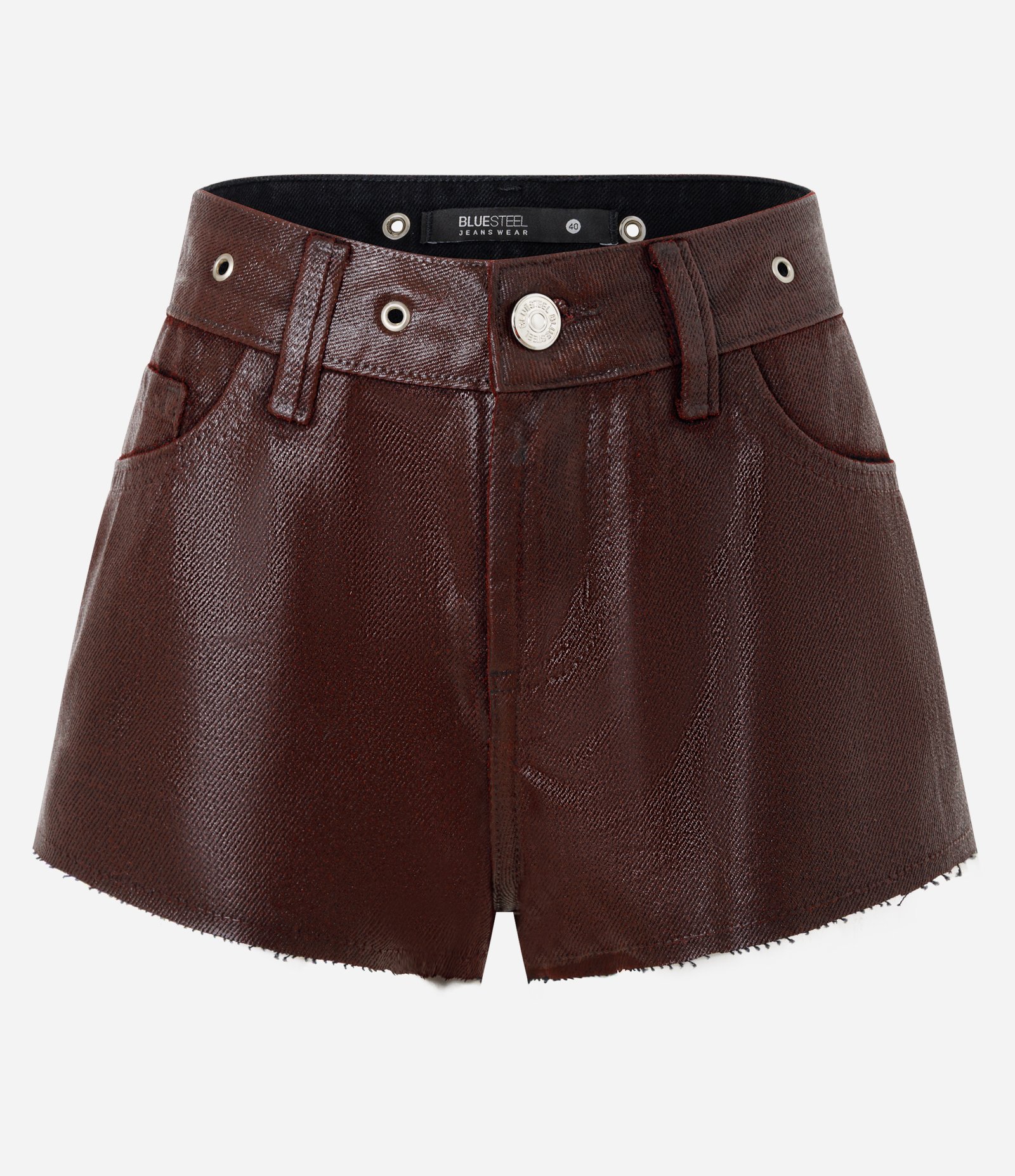Short Jeans com Cintura Média e Acabamento Resinada Marrom Chocolate 5