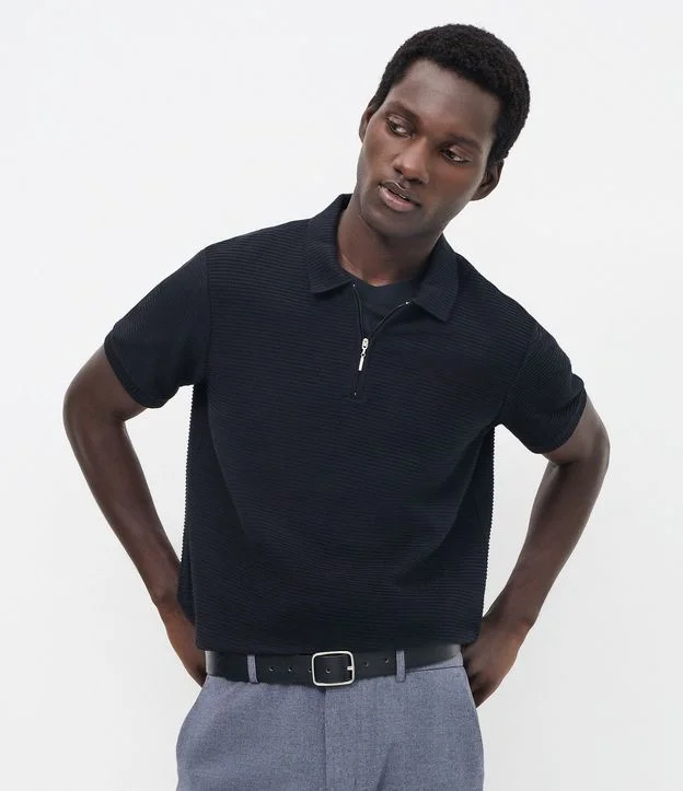 トップス 00s John W.Nordstrom wool knit polo BLK Polo Manga Curta Tricô Canelado com Zíper Preto