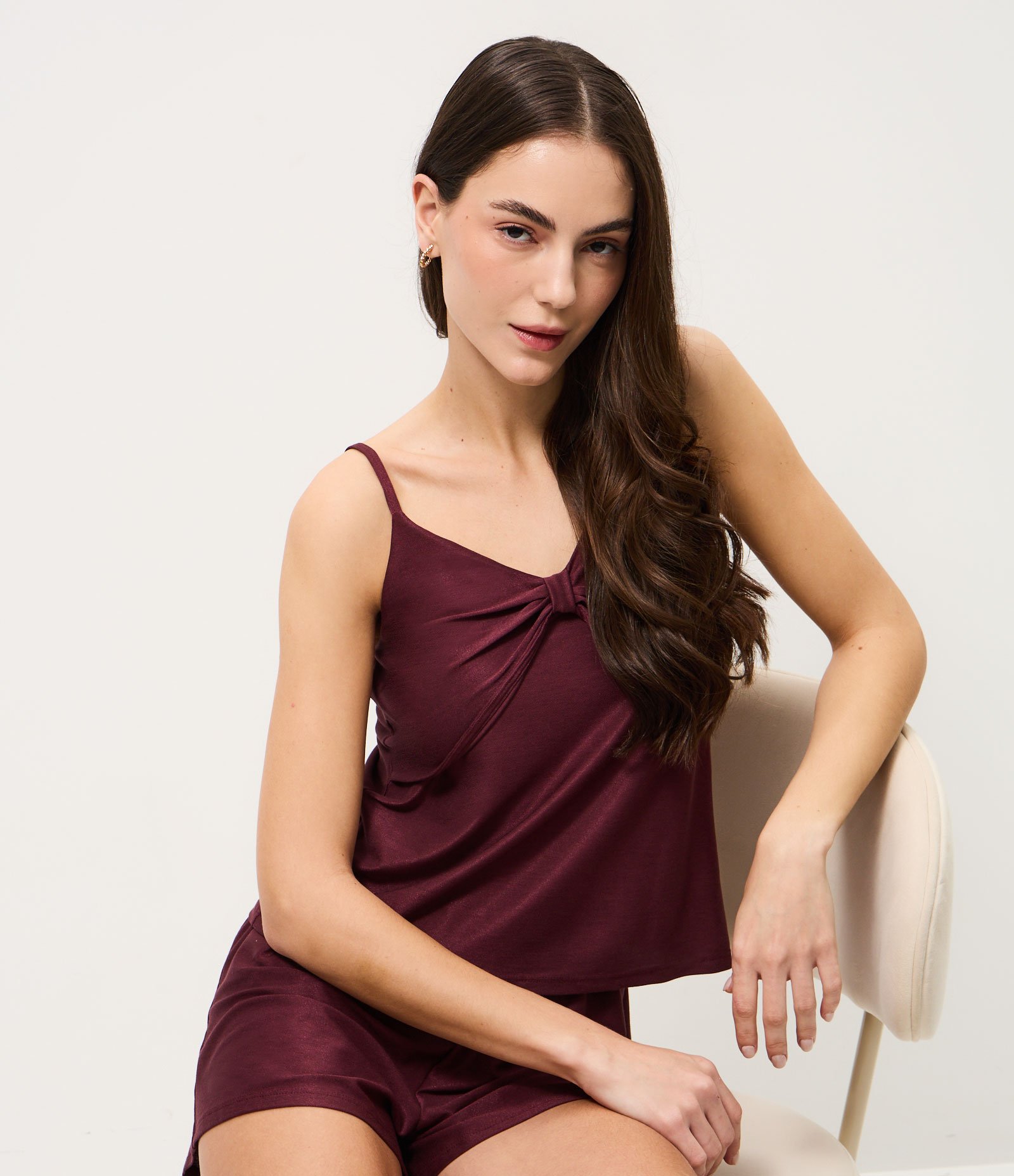 Pijama Curto em Viscose com Laço no Busto Vinho 1