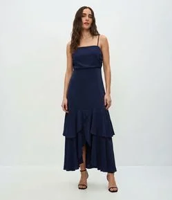 Vestido New Midi Evasê em Cetim com Babados