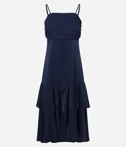 Vestido New Midi Evasê em Cetim com Babados