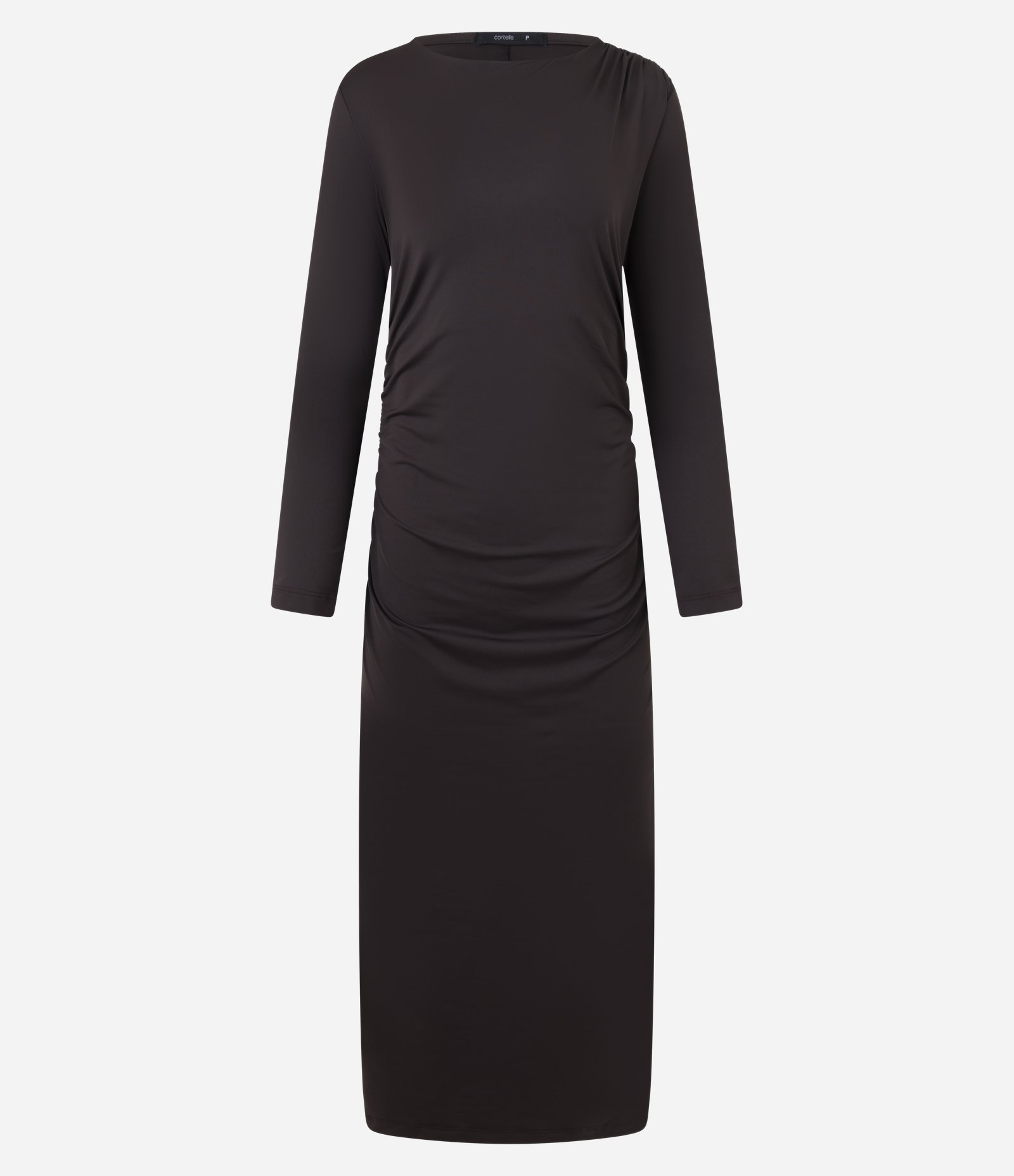 Vestido Reto New Midi em Poliamida com Franzidos e Drapeados Marrom Escuro 5