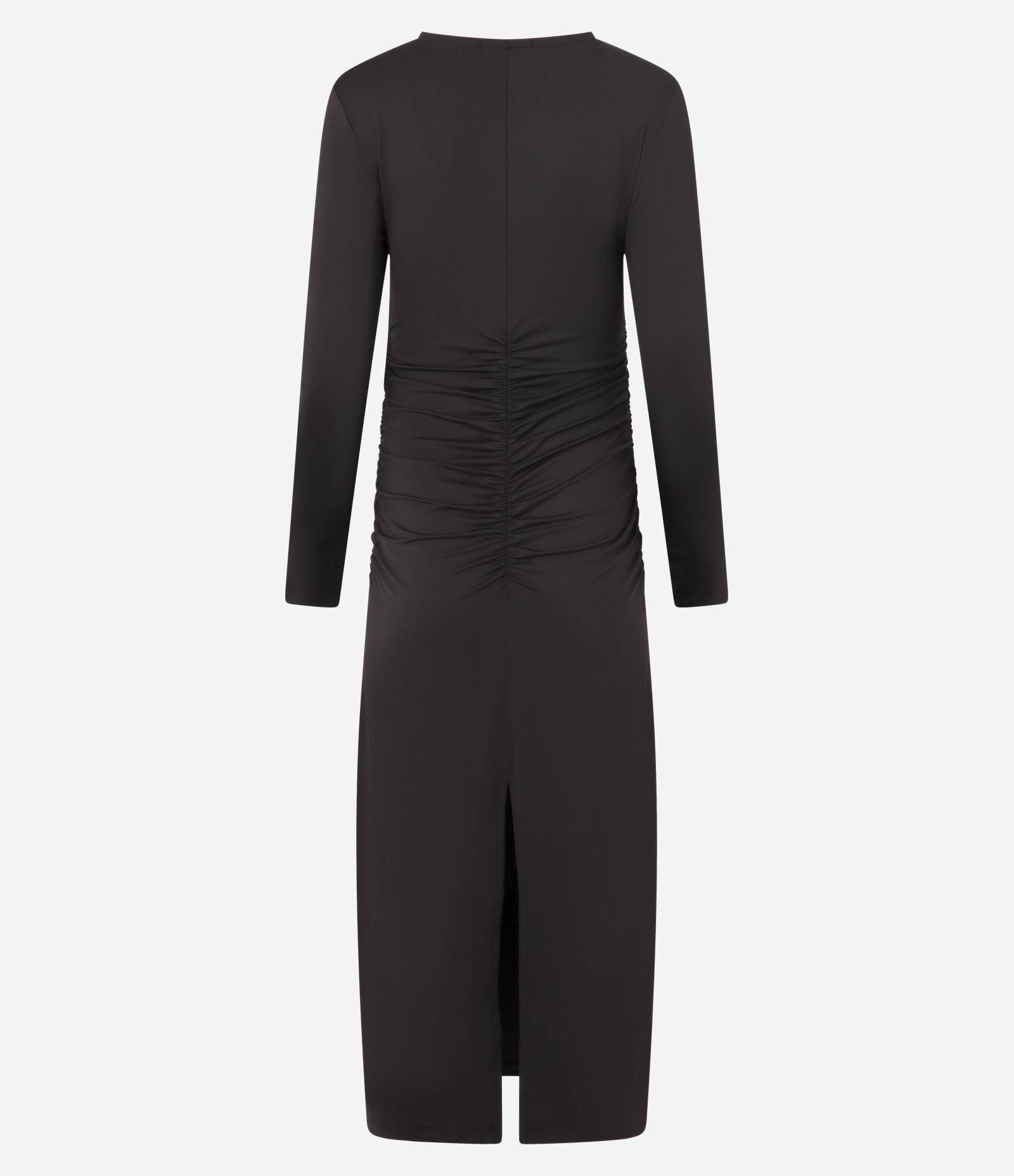 Vestido Reto New Midi em Poliamida com Franzidos e Drapeados Marrom Escuro 6