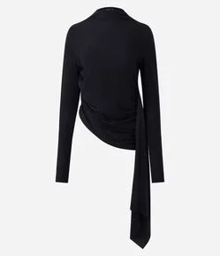 Blusa Feminina Manga Longa Gola Alta com Drapeado Assimétrico