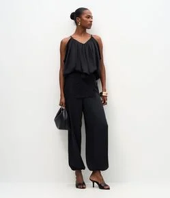 Calça Aladim Acetinada com Lenço em Renda no Cós
