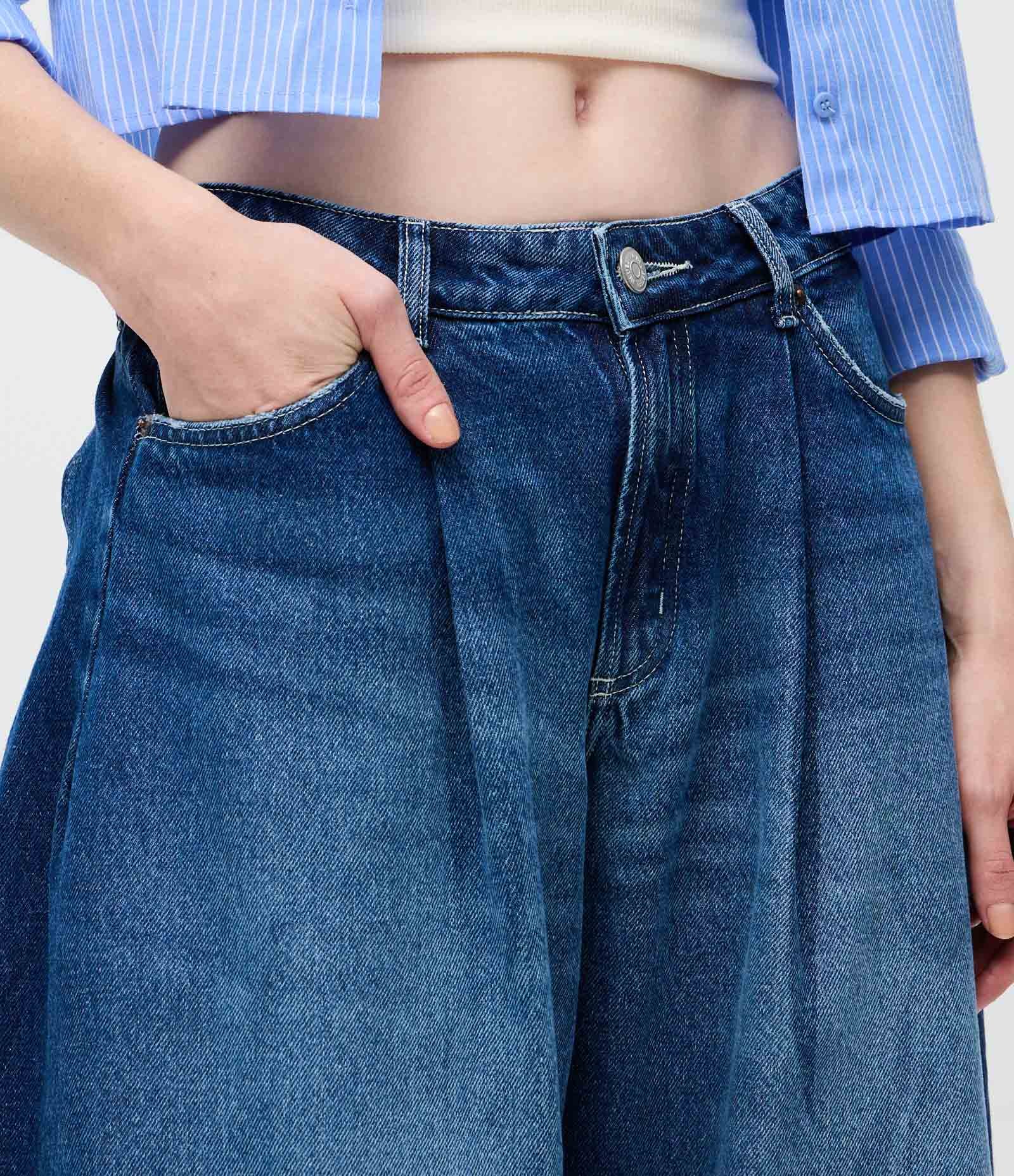 Calça Wide Leg em Jeans com Cintura Baixa Destroyed Azul Marinho 3