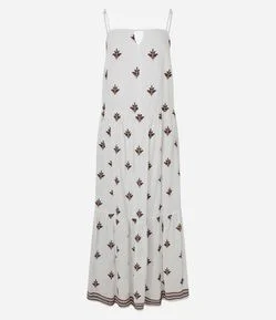 Vestido Longo em Tricoline com Estampa Bordada