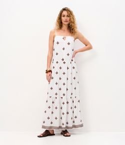 Vestido Longo em Tricoline com Estampa Bordada