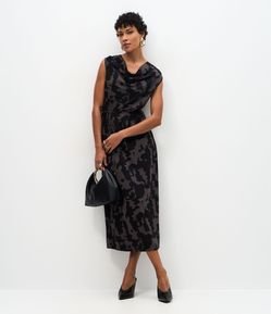 Vestido Midi Estampado com Gola Drapeada