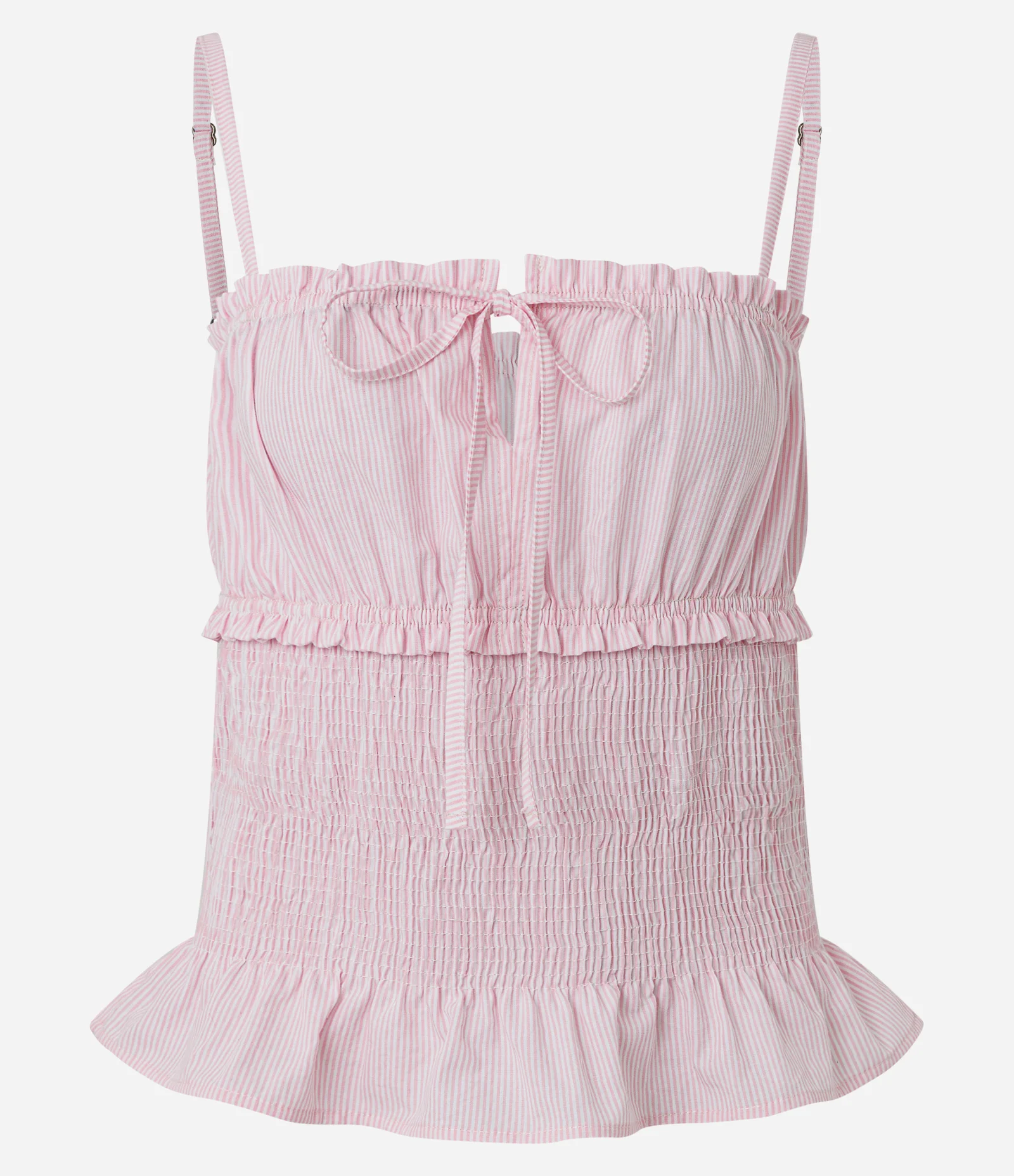 Blusa Ajustada em Tricoline Listrada com Babados Rosa 1