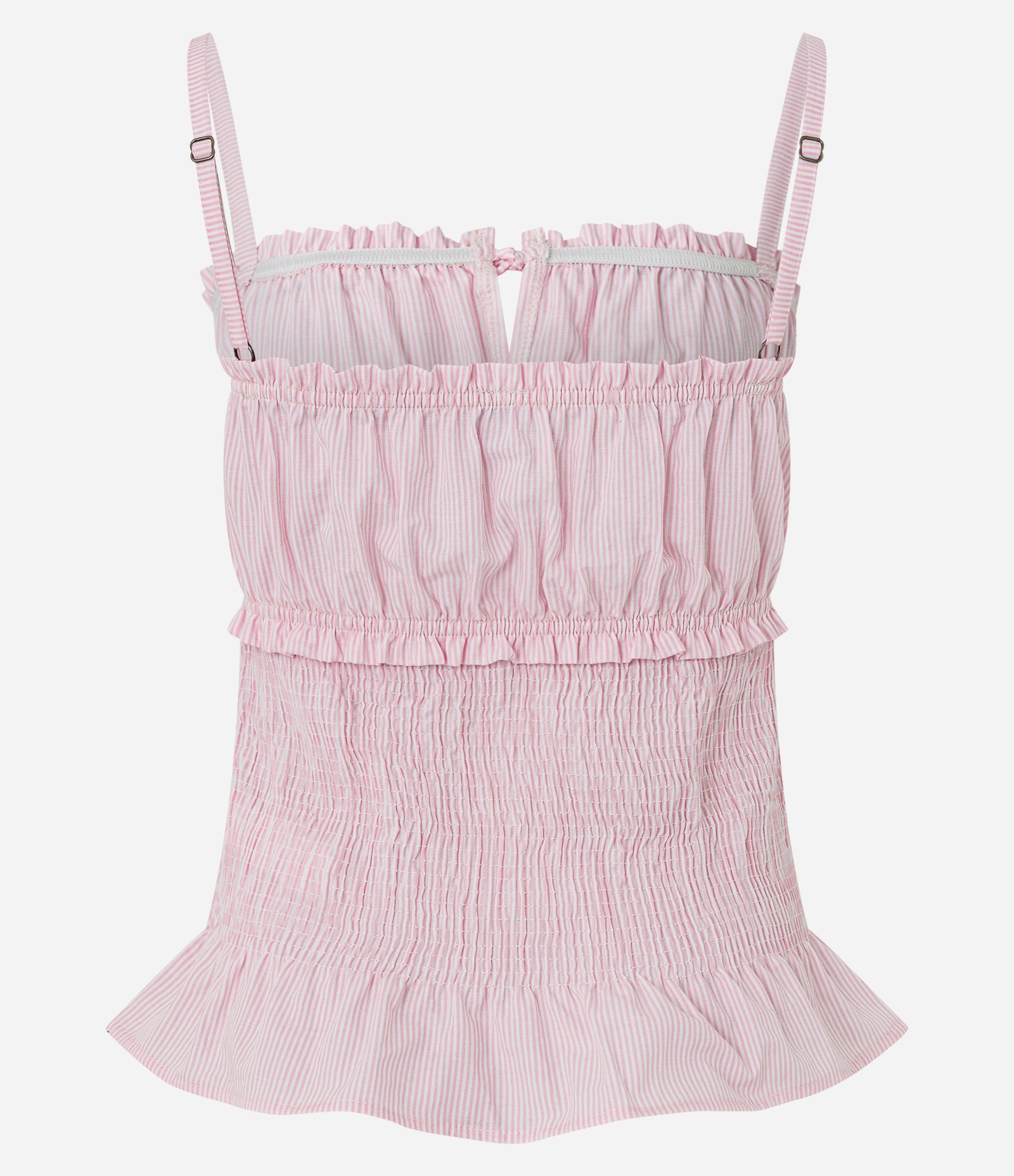 Blusa Ajustada em Tricoline Listrada com Babados Rosa 3