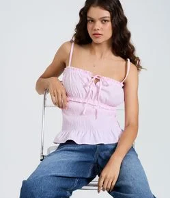 Blusa Ajustada em Tricoline Listrada com Babados