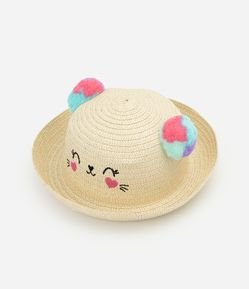 Chapéu Infantil de Palha com Orelhinhas Pompom e Carinha Bordada Tamanho Único