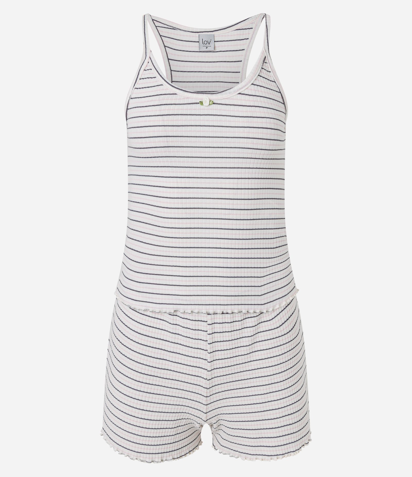Pijama Short Doll em Ribana Listrado com Florzinha no Decote Branco/Cinza/Rosa 1