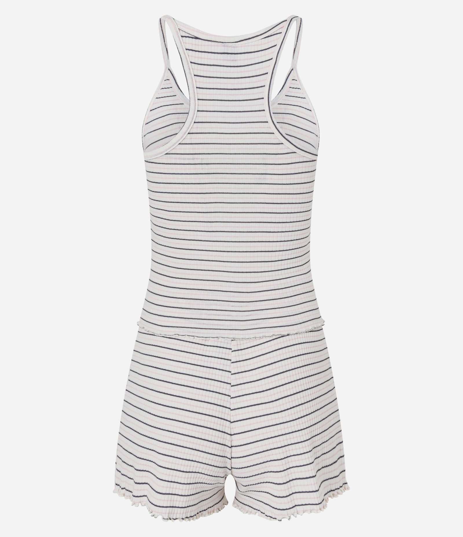 Pijama Short Doll em Ribana Listrado com Florzinha no Decote Branco/Cinza/Rosa 3
