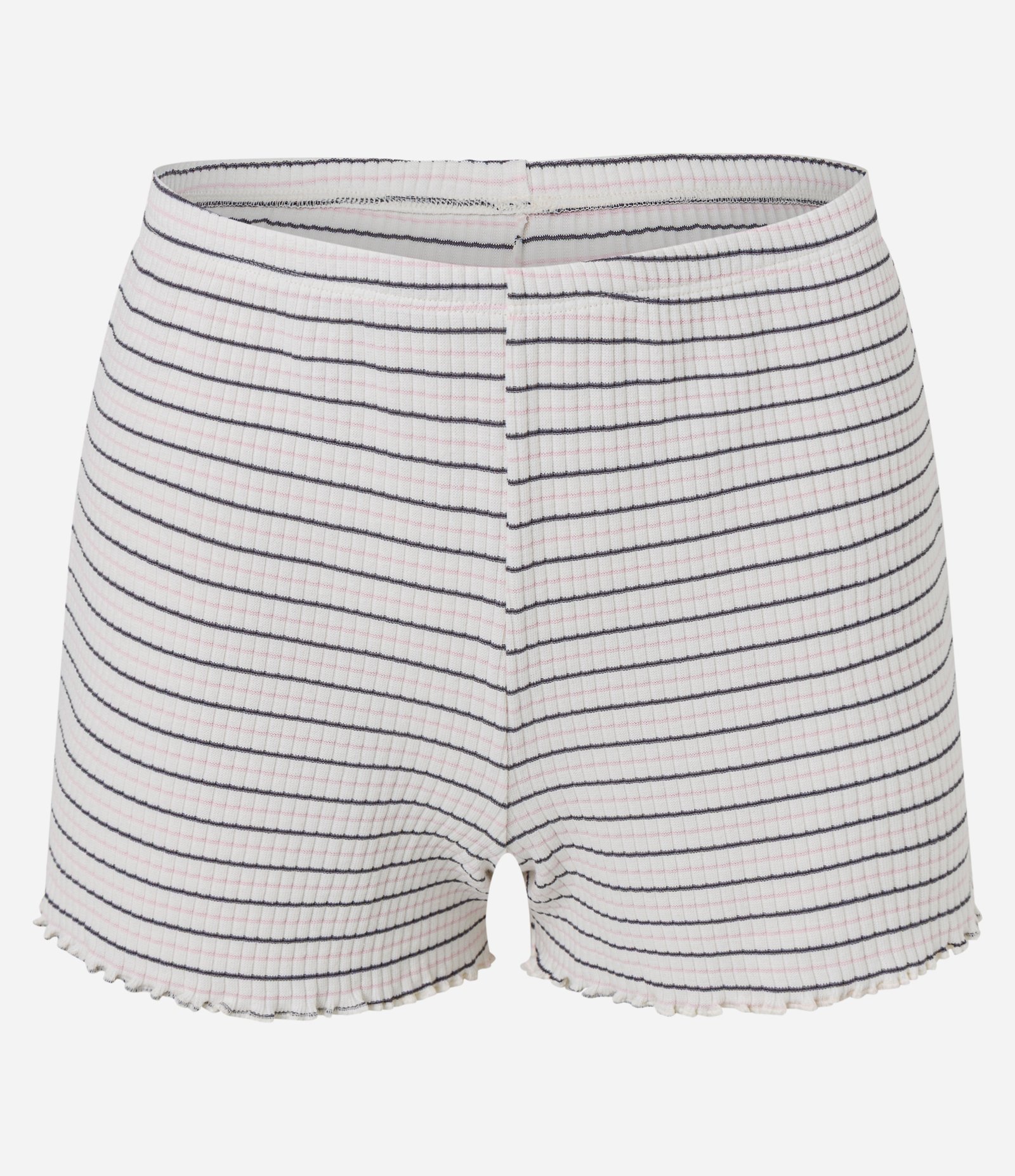 Pijama Short Doll em Ribana Listrado com Florzinha no Decote Branco/Cinza/Rosa 4