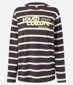 Blusa Listrada em Algodão com Lettering e Manga Longa
