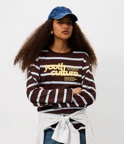Blusa Listrada em Algodão com Lettering e Manga Longa