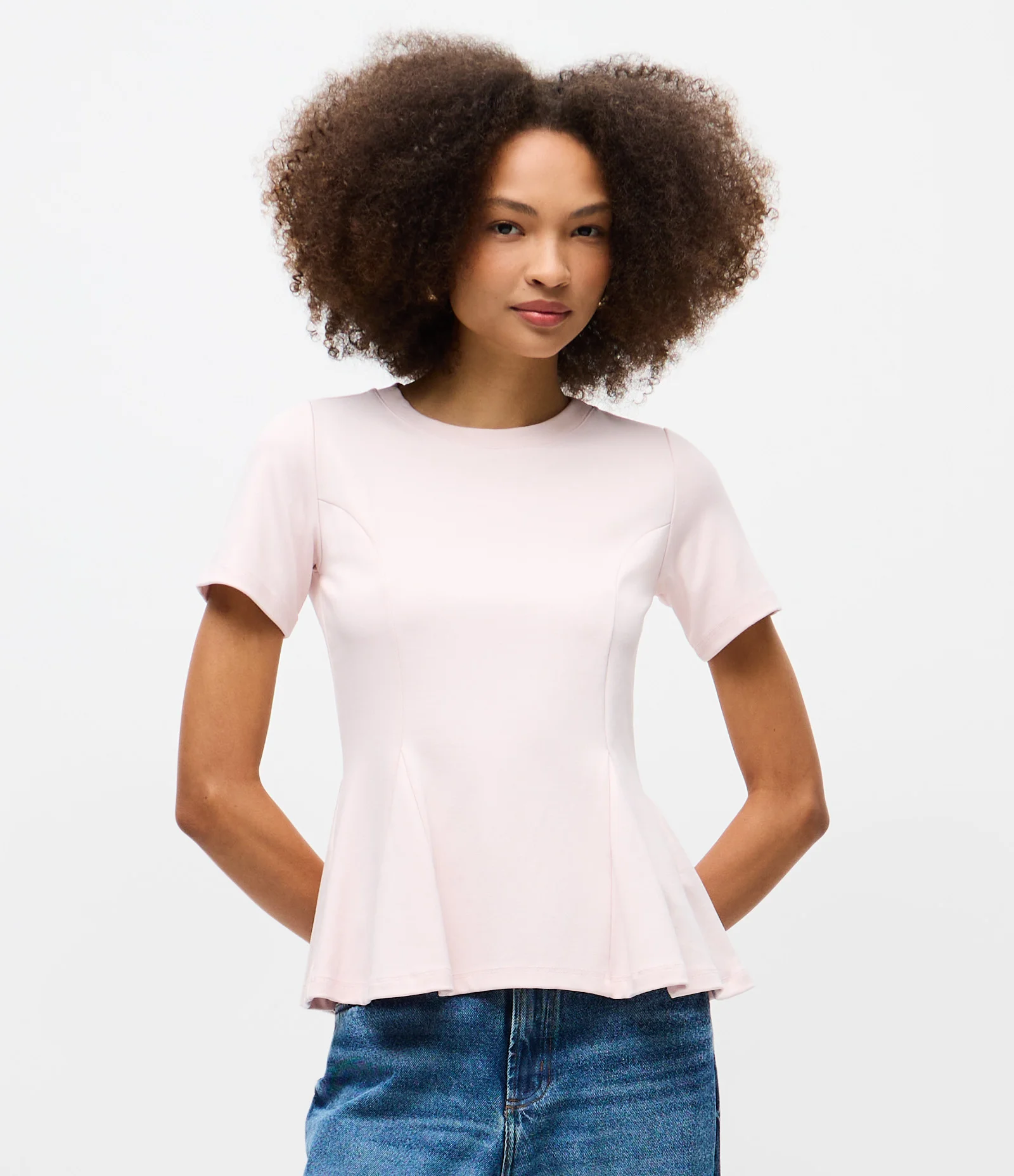 Blusa Peplum em Ponto Roma e Gola Redonda Rosa 1