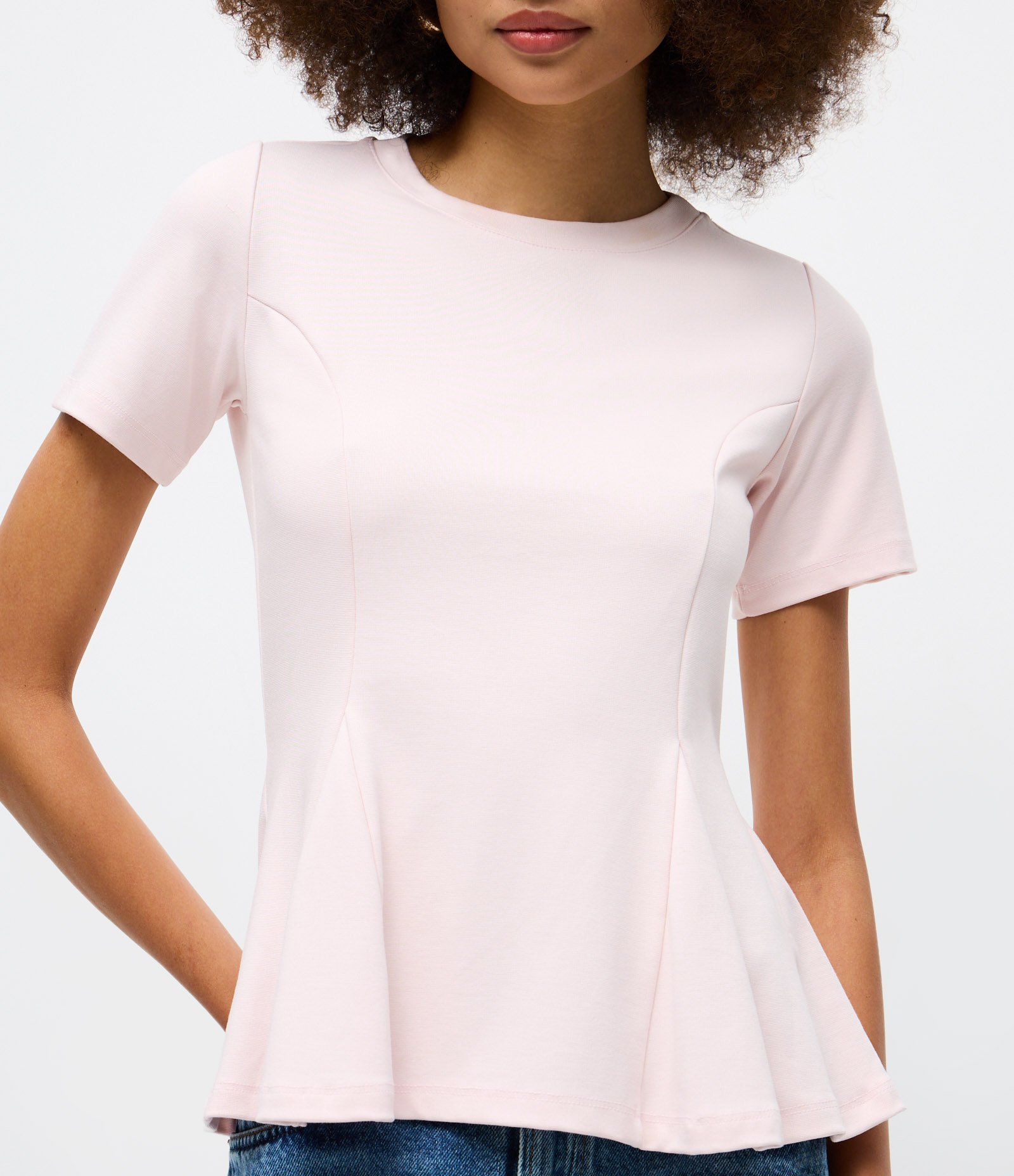Blusa Peplum em Ponto Roma e Gola Redonda Rosa 3