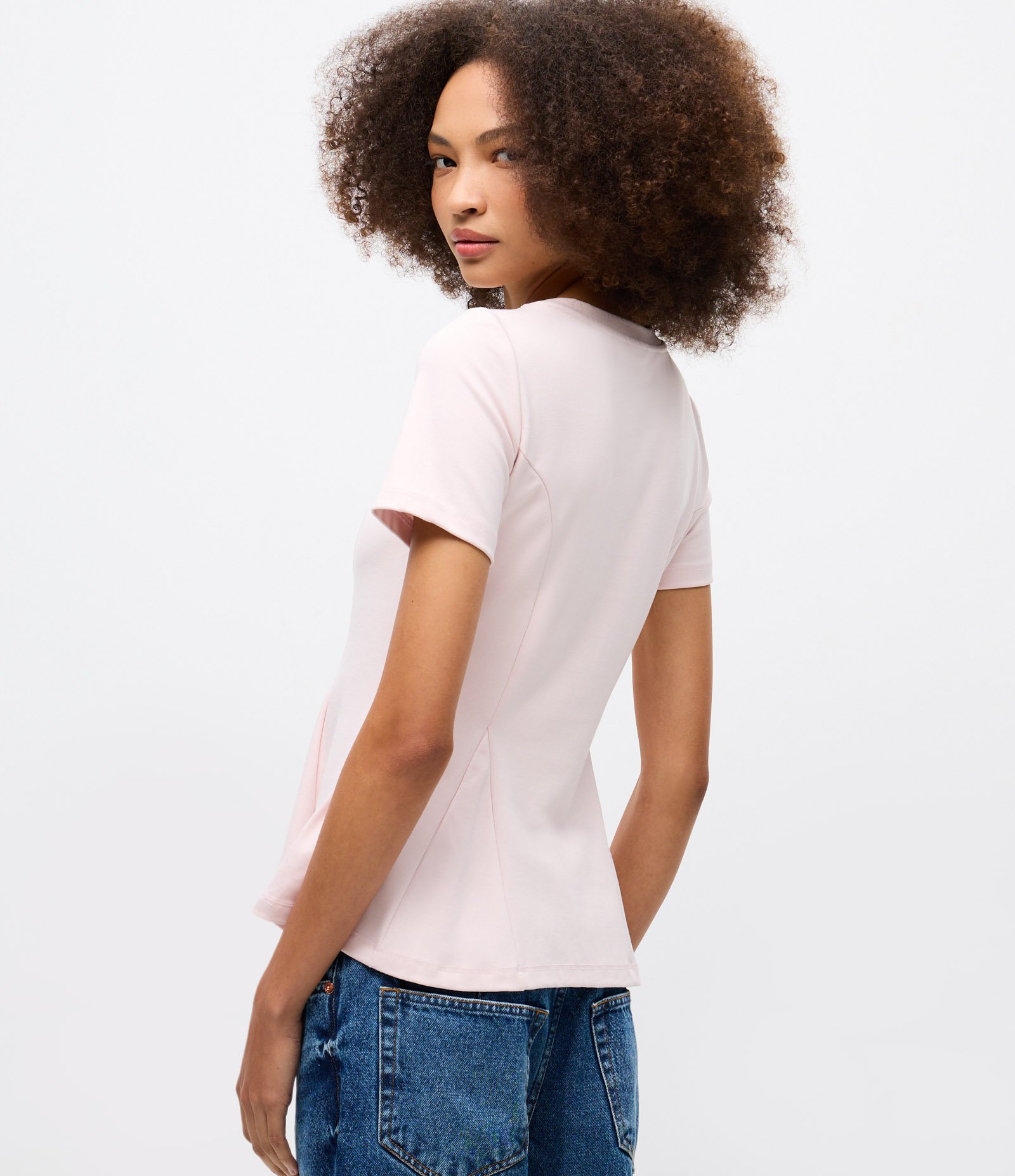 Blusa Peplum em Ponto Roma e Gola Redonda Rosa 4