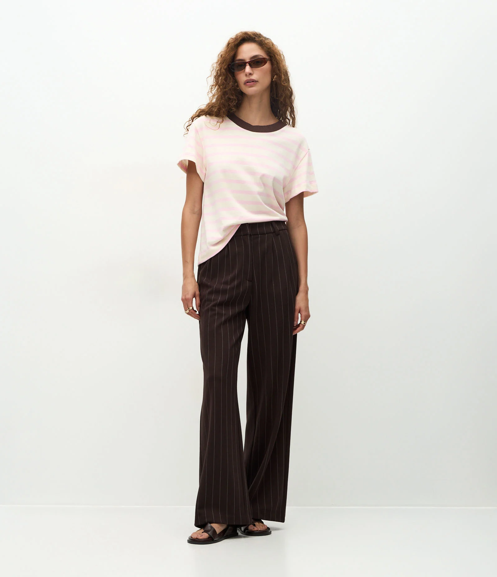 Blusa Slim Listrada em Algodão com Gola Contrastante Branco/Rosa 1