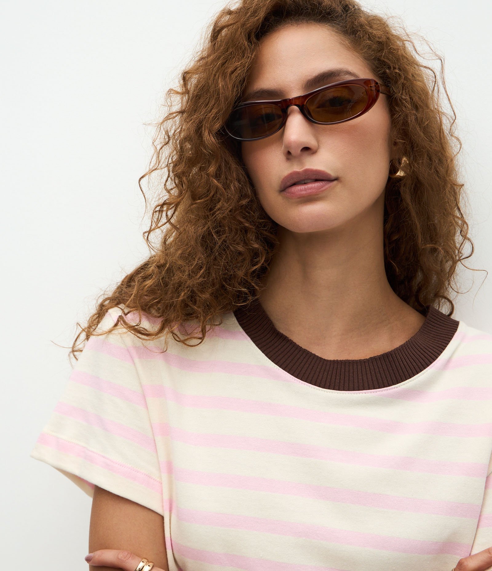 Blusa Slim Listrada em Algodão com Gola Contrastante Branco/Rosa 2