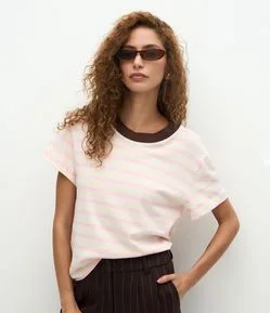 Blusa Slim Listrada em Algodão com Gola Contrastante