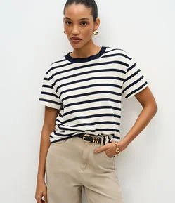 Blusa Slim Listrada em Algodão com Gola Contrastante