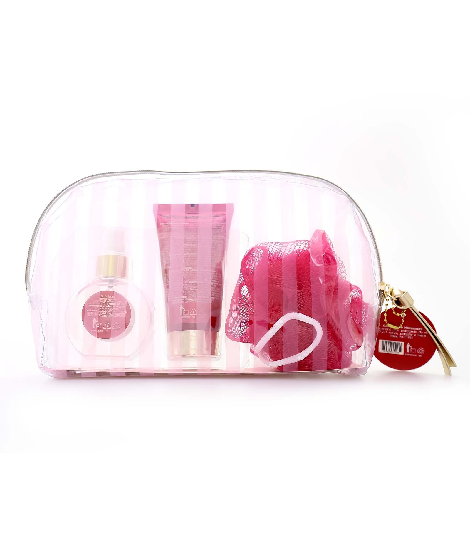 Kit Necessaire Mães 2026 com Sabonete Liquido com Body Splash e Esponja de Banho KIT 3