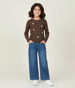 Blusa Infantil Canelada com Flores Bordado – Tam 5 a 14 Anos
