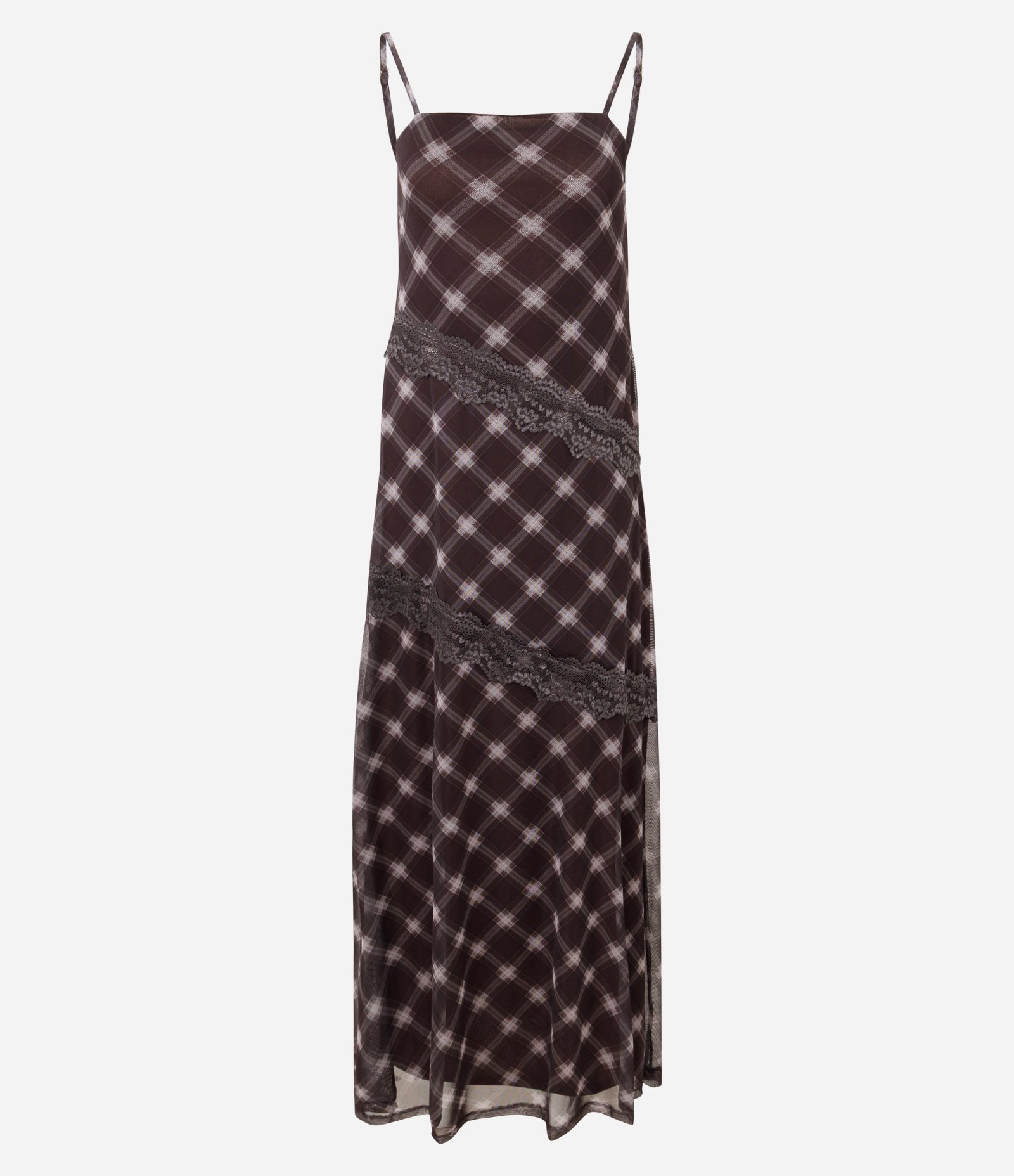 Vestido Longo em Tule com Estampa Xadrez Marrom 5