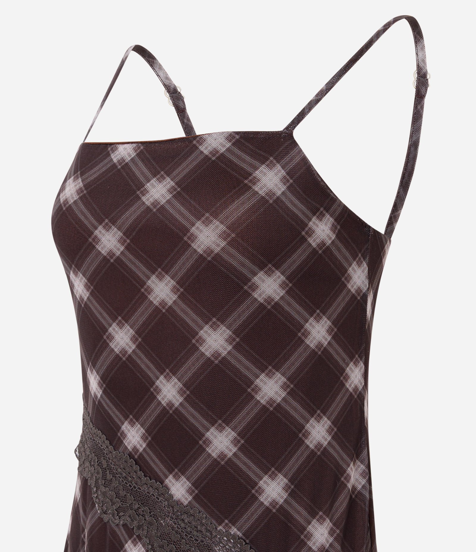 Vestido Longo em Tule com Estampa Xadrez Marrom 6