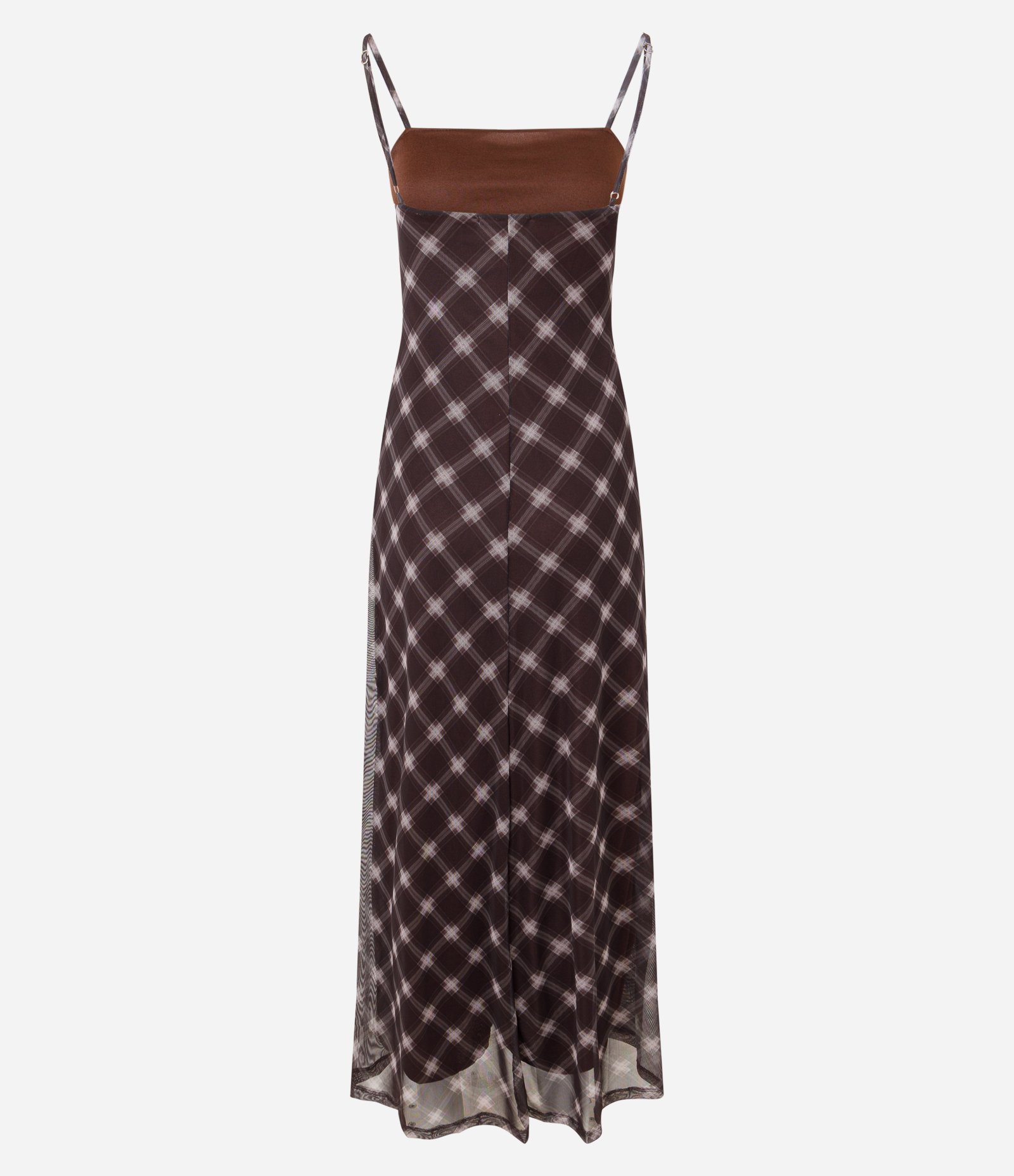 Vestido Longo em Tule com Estampa Xadrez Marrom 7