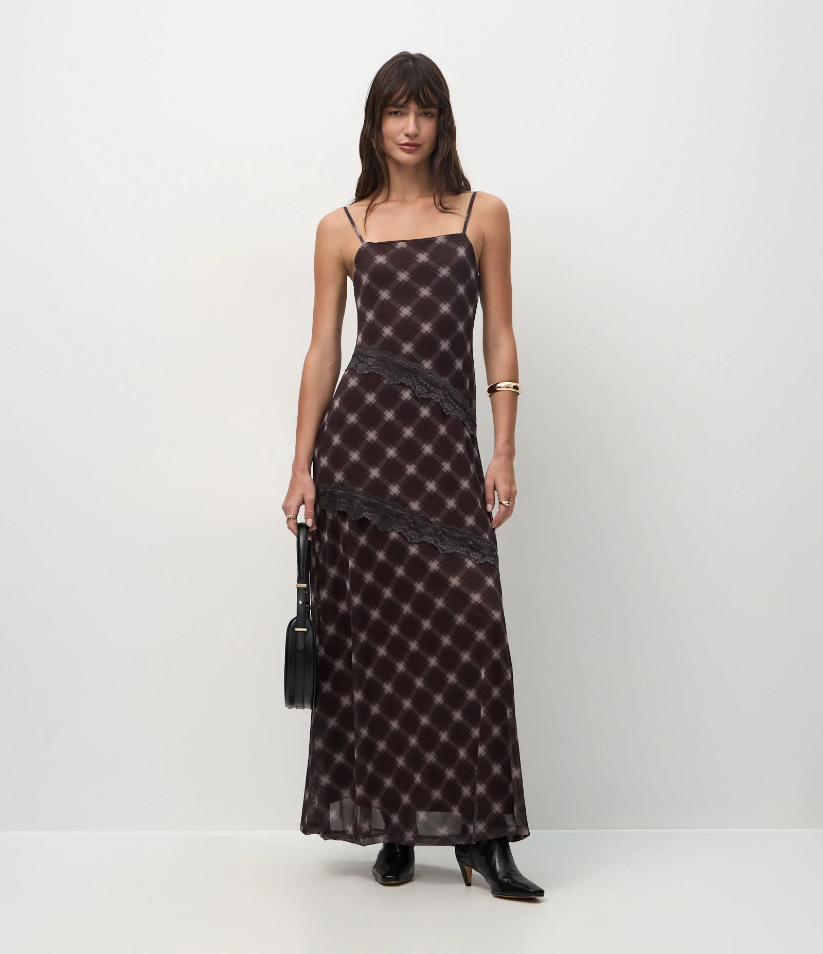 Vestido Longo em Tule com Estampa Xadrez Marrom 1