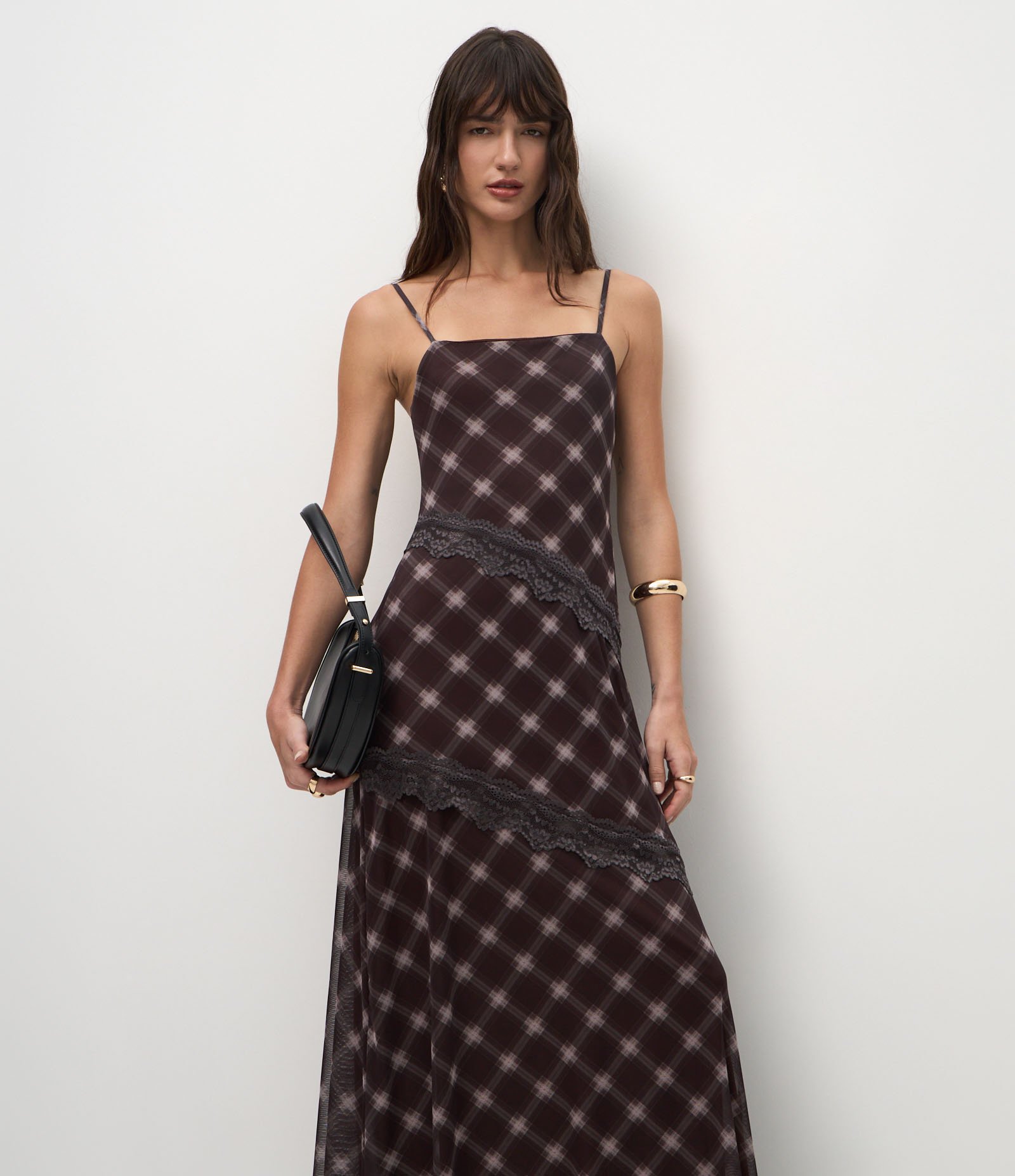 Vestido Longo em Tule com Estampa Xadrez Marrom 2