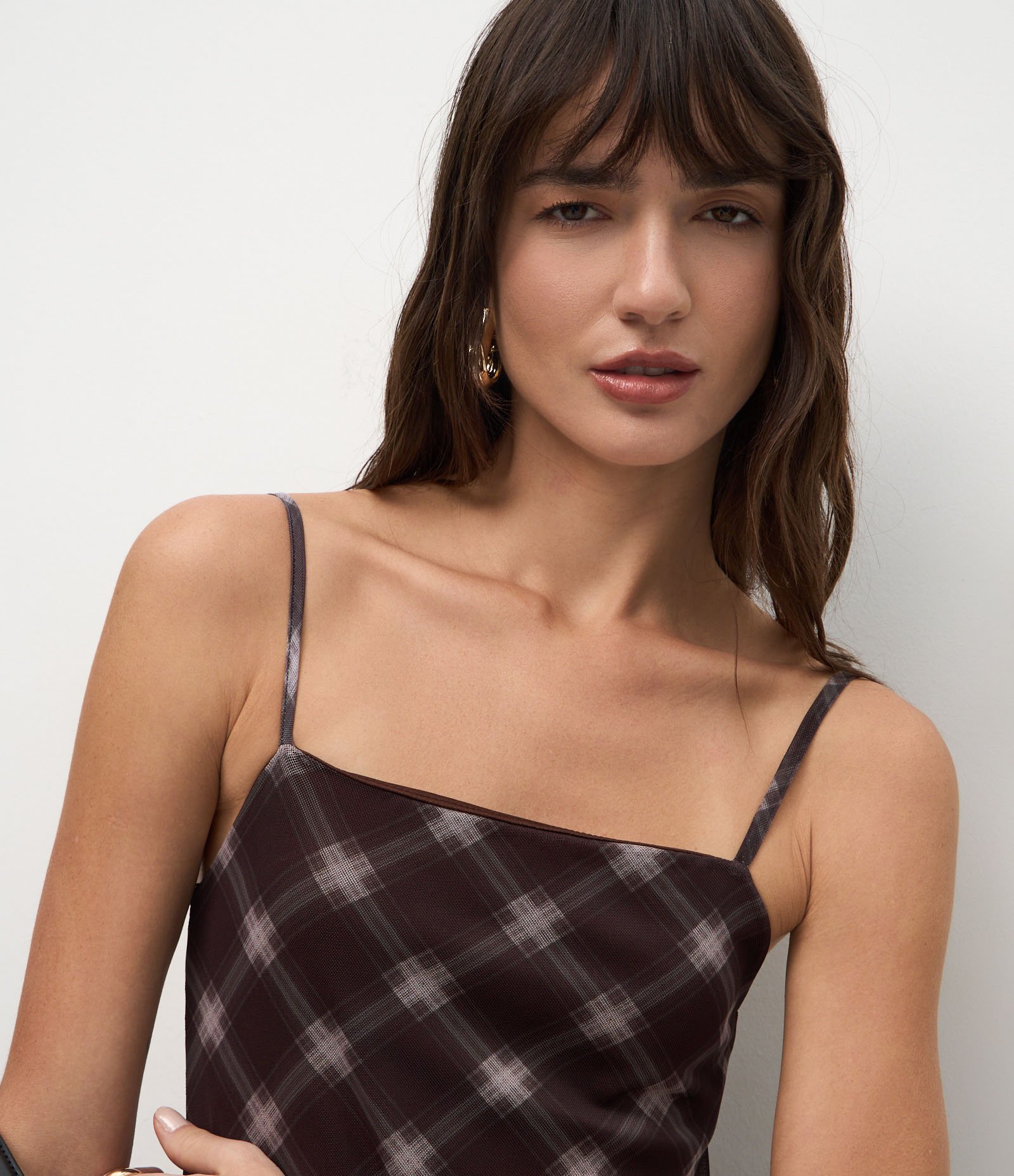 Vestido Longo em Tule com Estampa Xadrez Marrom 3