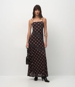 Vestido Longo em Tule com Estampa Xadrez