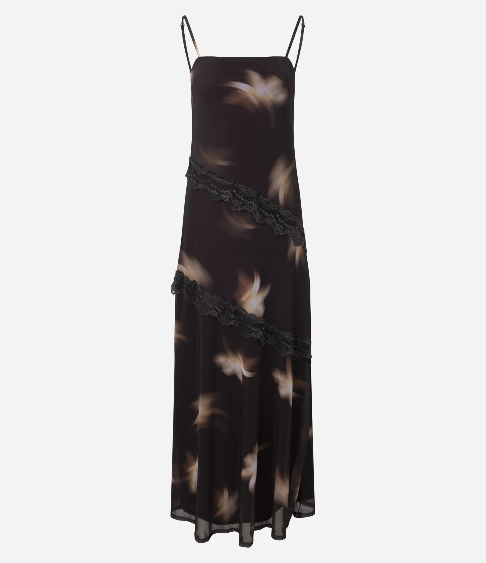 Vestido Longo em Tule com Renda Assimétrica em Camadas Marrom 1