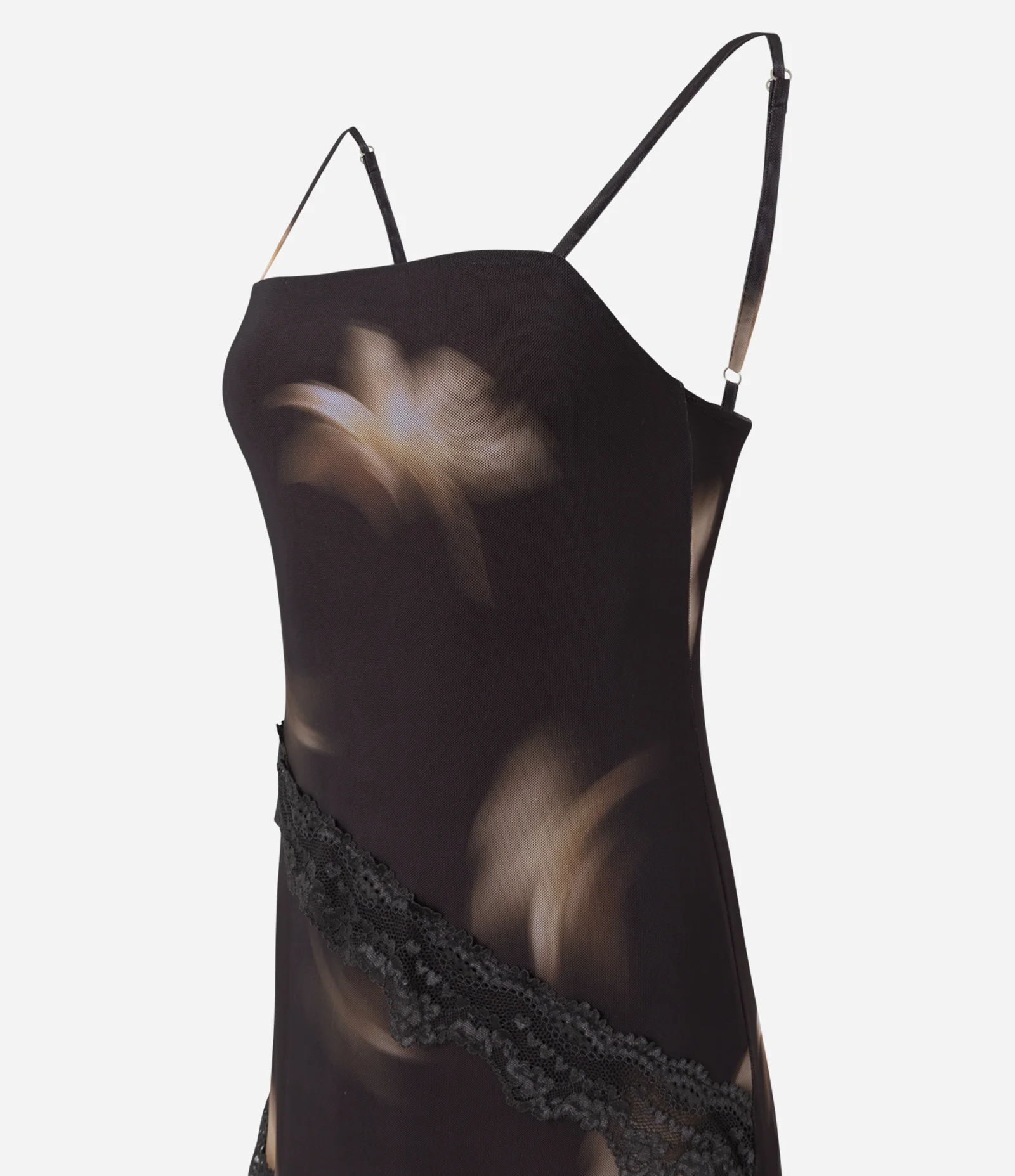 Vestido Longo em Tule com Renda Assimétrica em Camadas Marrom 2