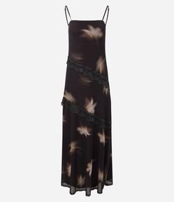 Vestido Longo em Tule com Renda Assimétrica em Camadas