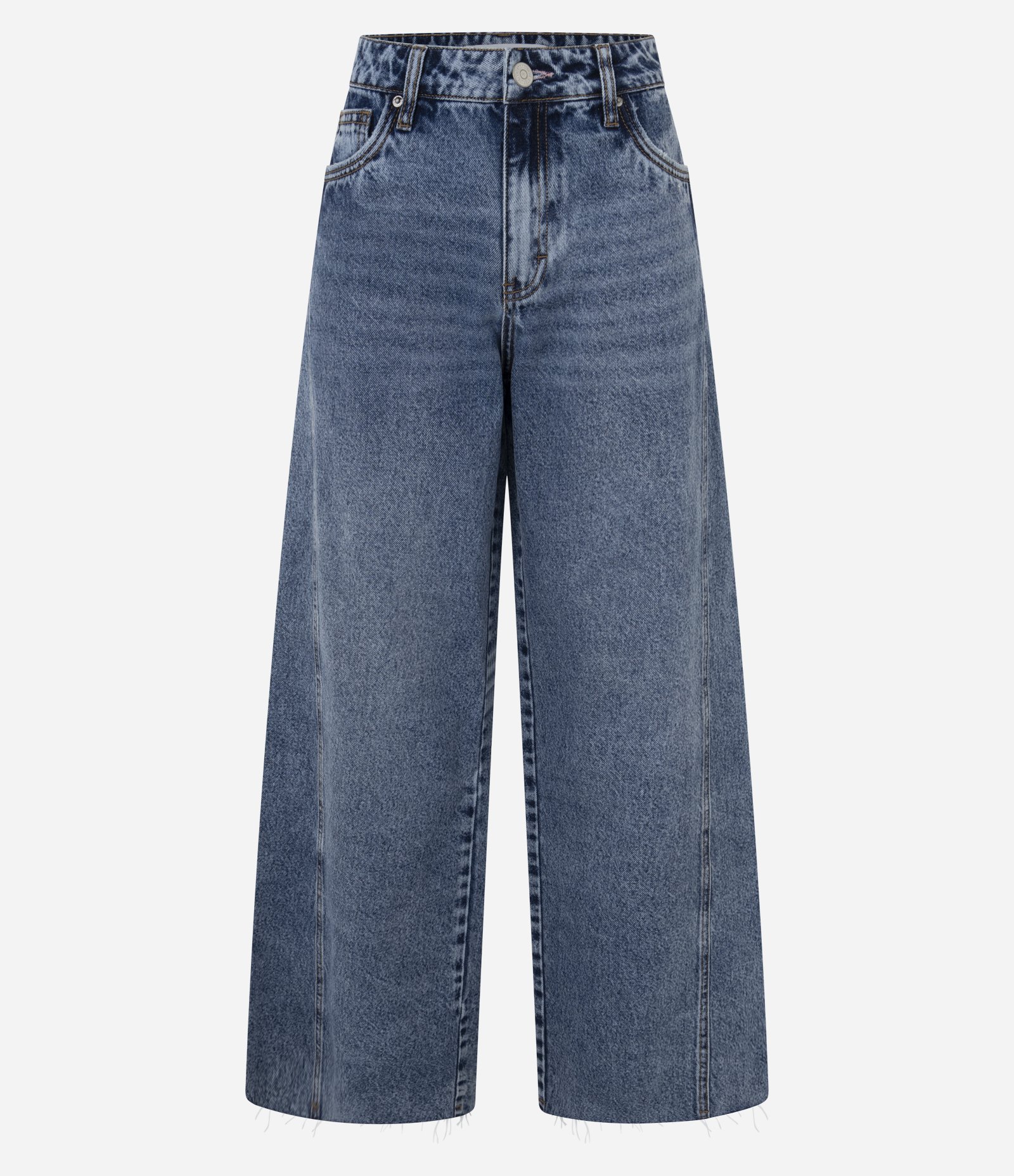 Calça Wide em Jeans com Cintura Média e Recortes Azul Médio 5