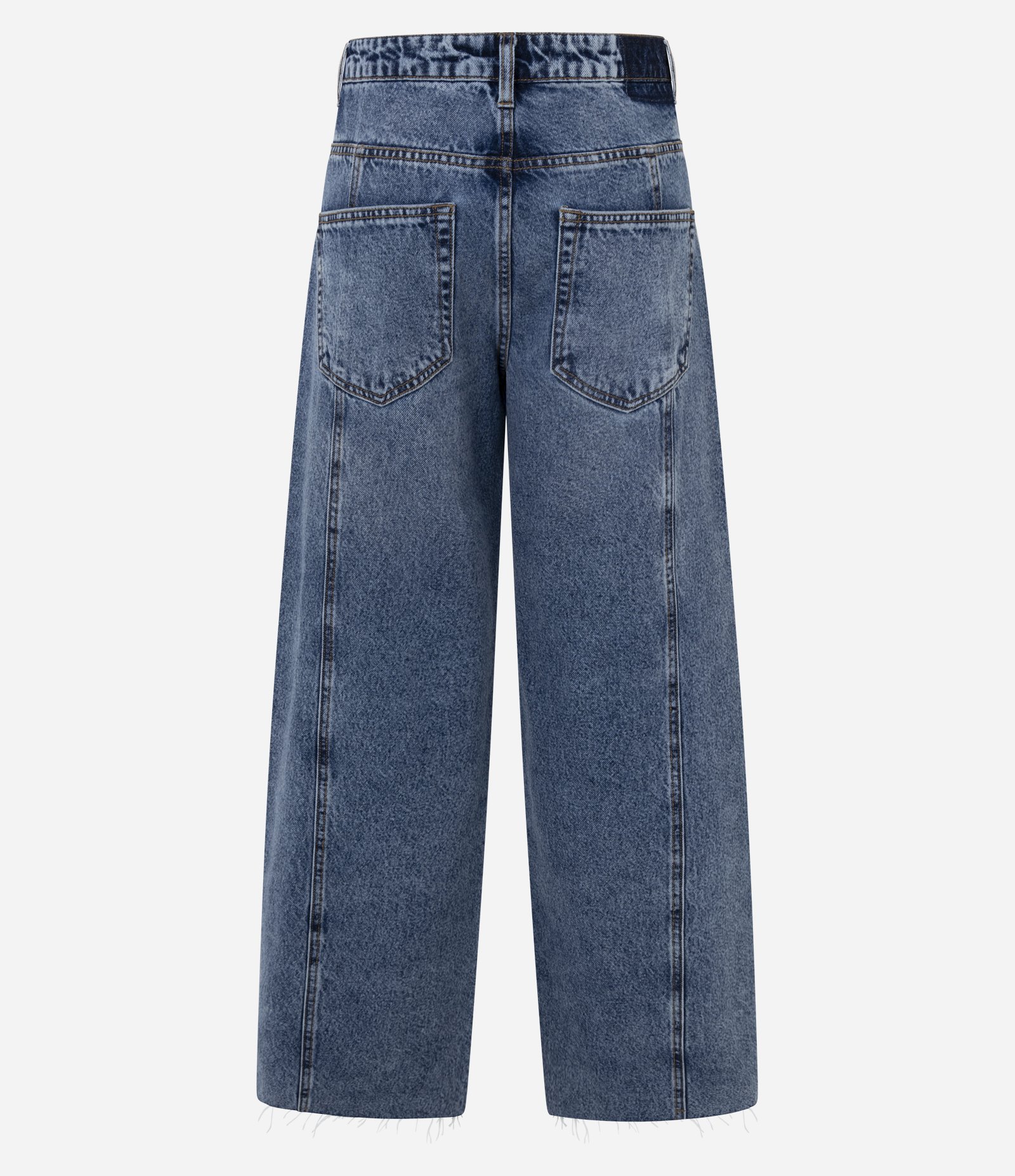 Calça Wide em Jeans com Cintura Média e Recortes Azul Médio 6