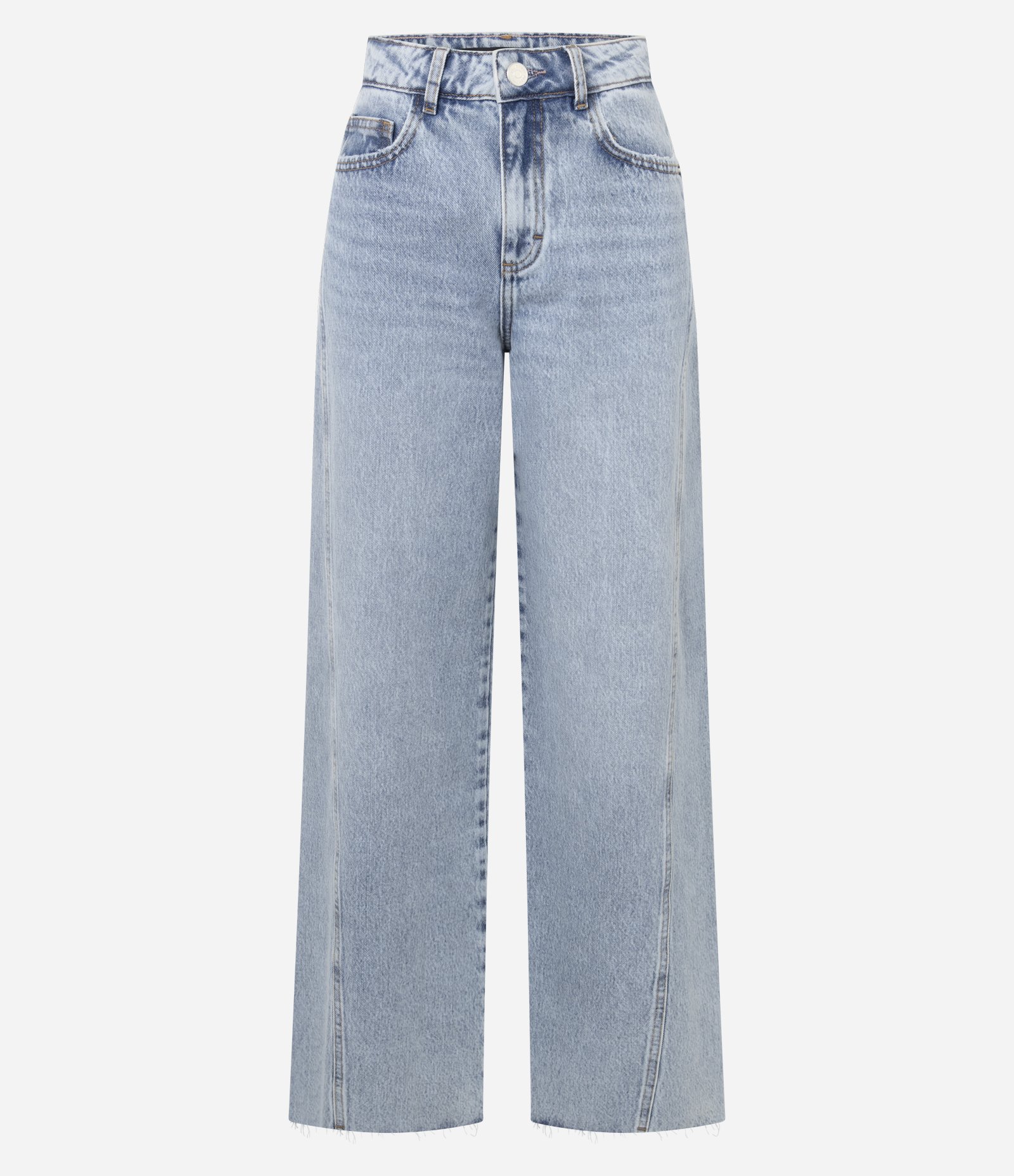 Calça Wide em Jeans com Cintura Média e Recortes Azul Claro 5