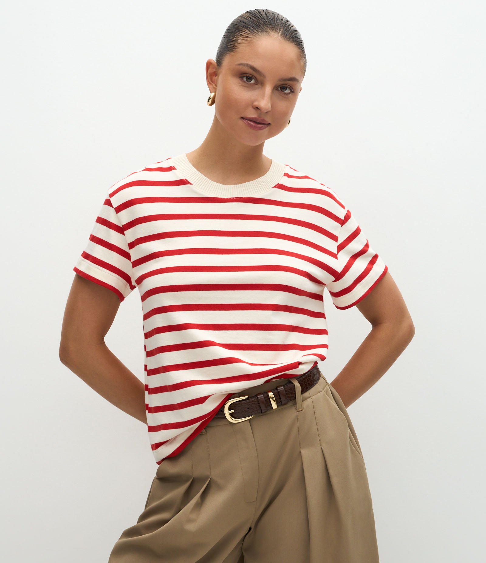 Camiseta Slim em Algodão com Listras Vermelho/Branco 1