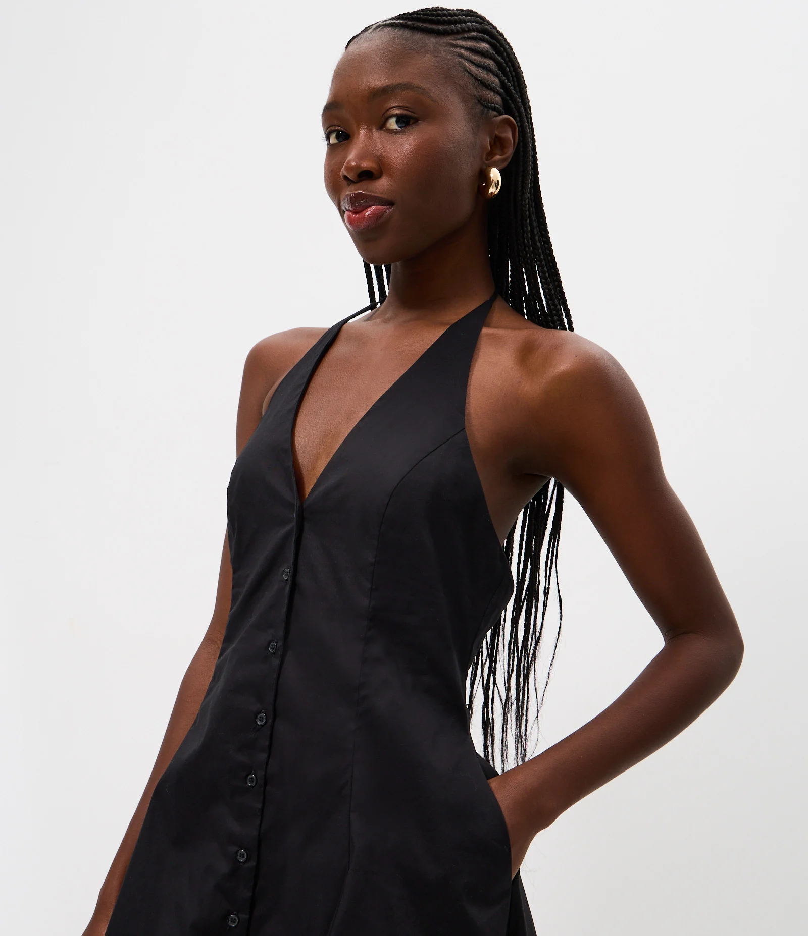 Vestido Frente Única Curto em Tricoline com Botões Preto 3