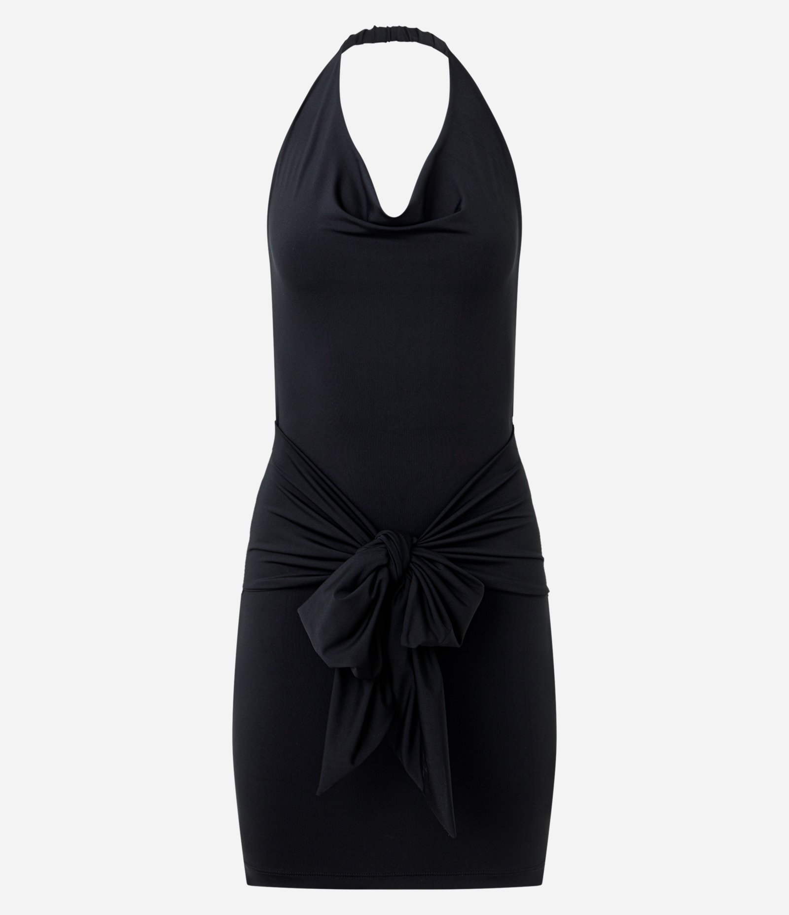 Vestido Curto em Jersey com Decote Degagê e Amarração na Cintura Preto 1