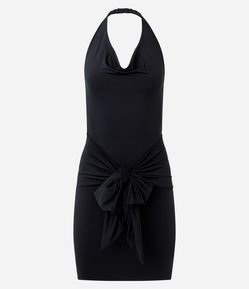 Vestido Curto em Jersey com Decote Degagê e Amarração na Cintura