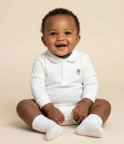 Body Infantil em Suedine com Gola Polo e Ursinho – Tam 0 a 18 Meses